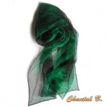 long foulard écharpe mousseline de soie dégradé vert sapin peint main 180CM