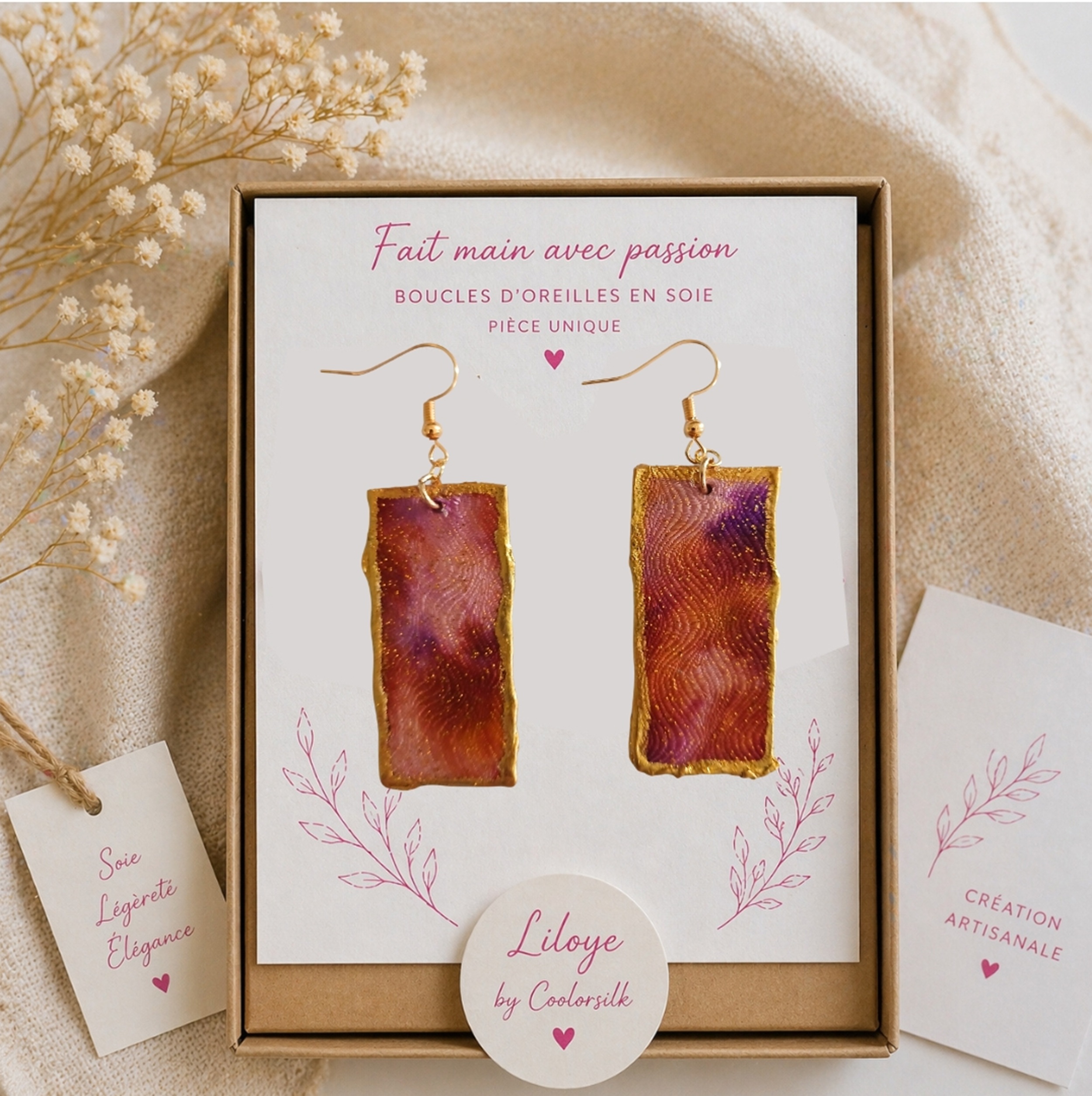 Boucles d oreilles en soie broch&eacute;e recto verso