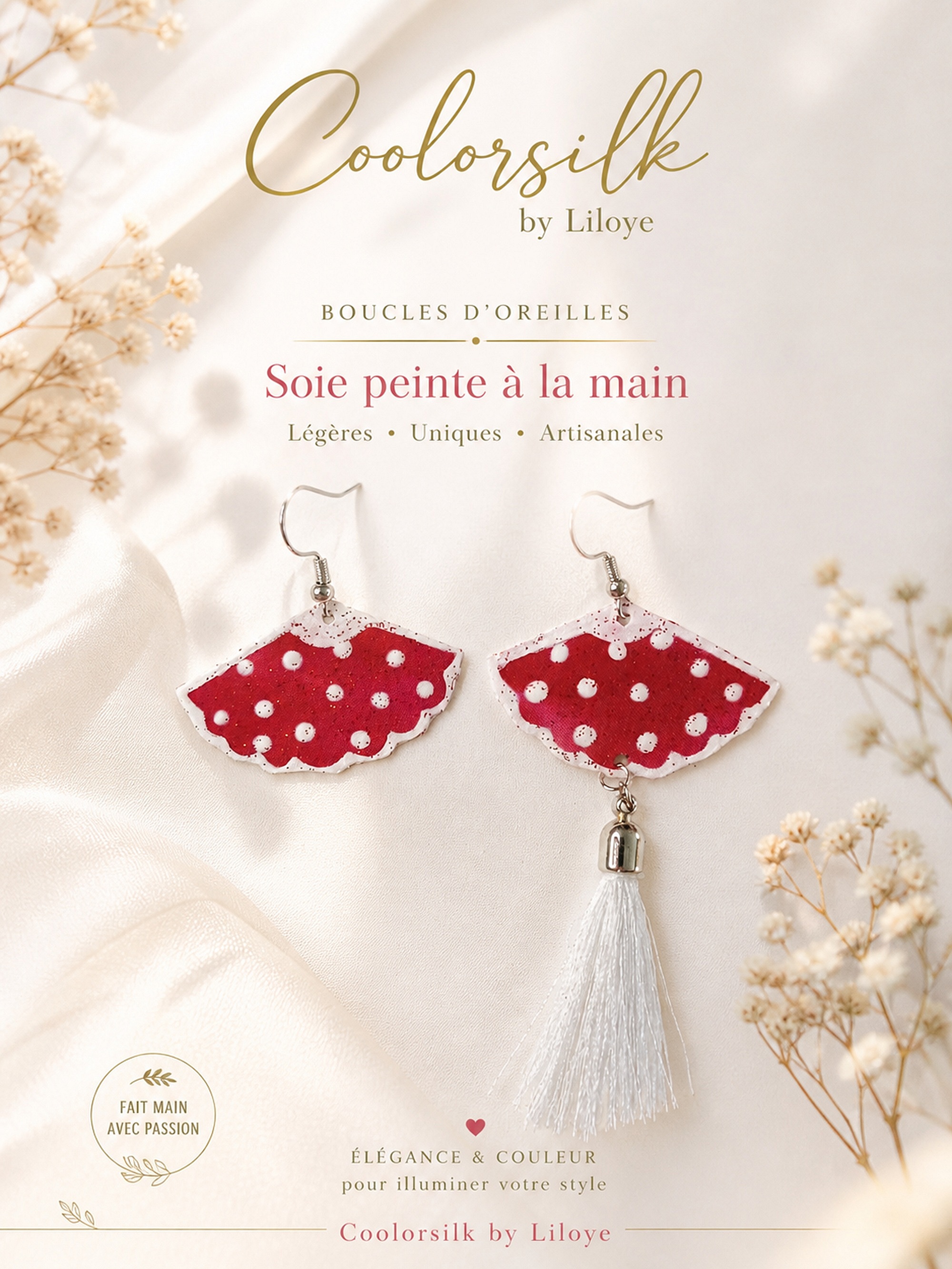 Boucles d oreilles en soie recto verso avec pompon.