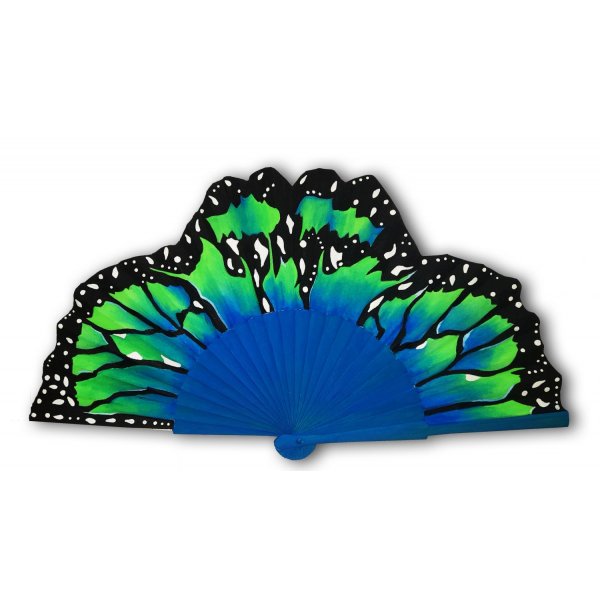 Eventail en satin de coton dessin&eacute; et peint &agrave; la main "Monarcal lagon"