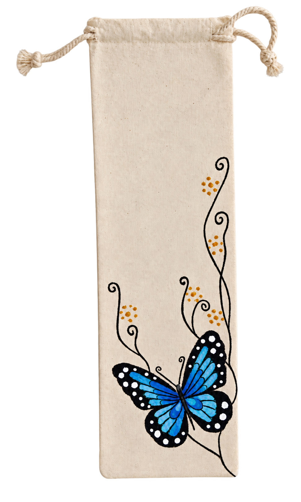 Éventail en satin peint à la main avec papillons bleus.