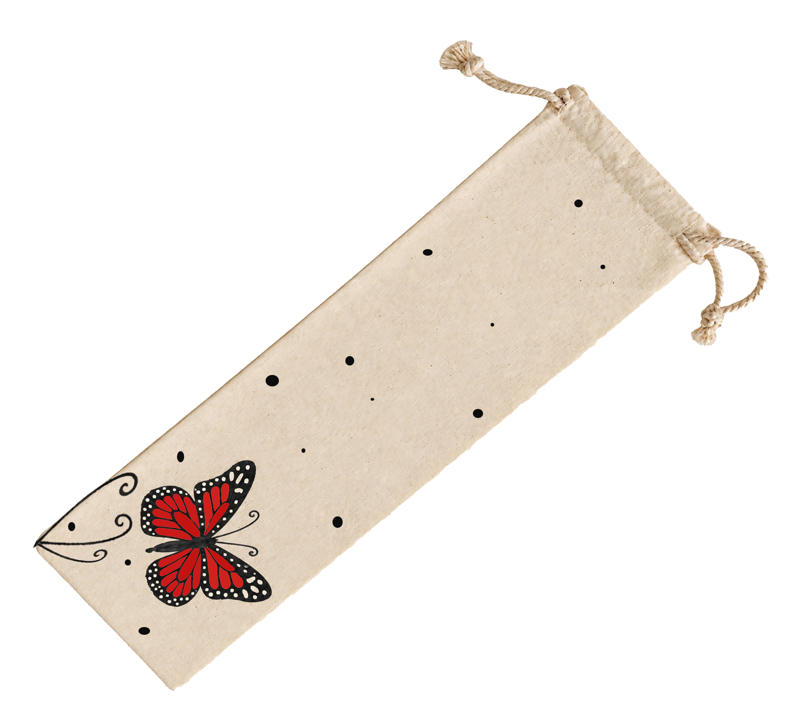 Éventail en satin peint à la main avec papillon rouge.