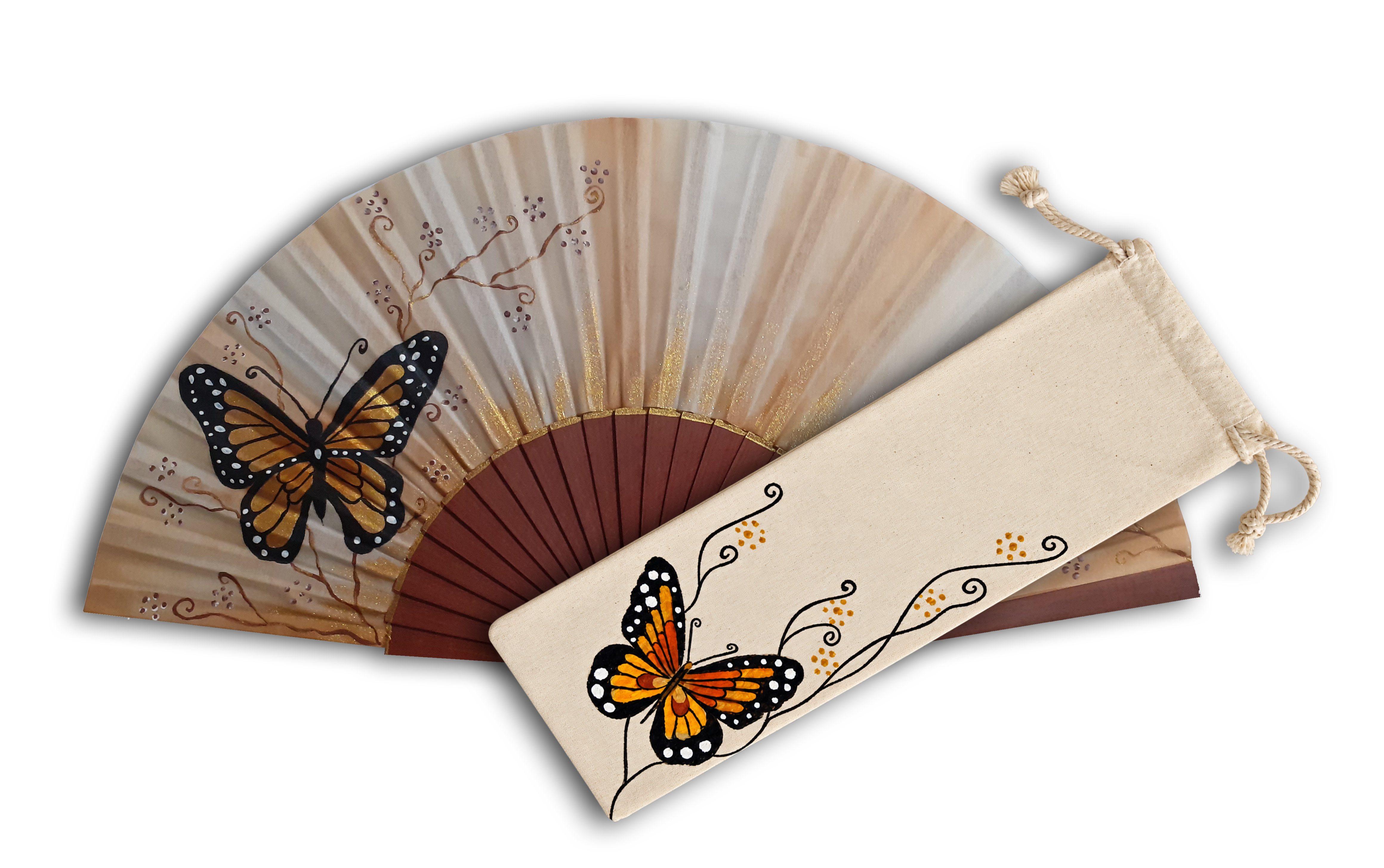 Éventail en satin peint à la main avec motif chouette.