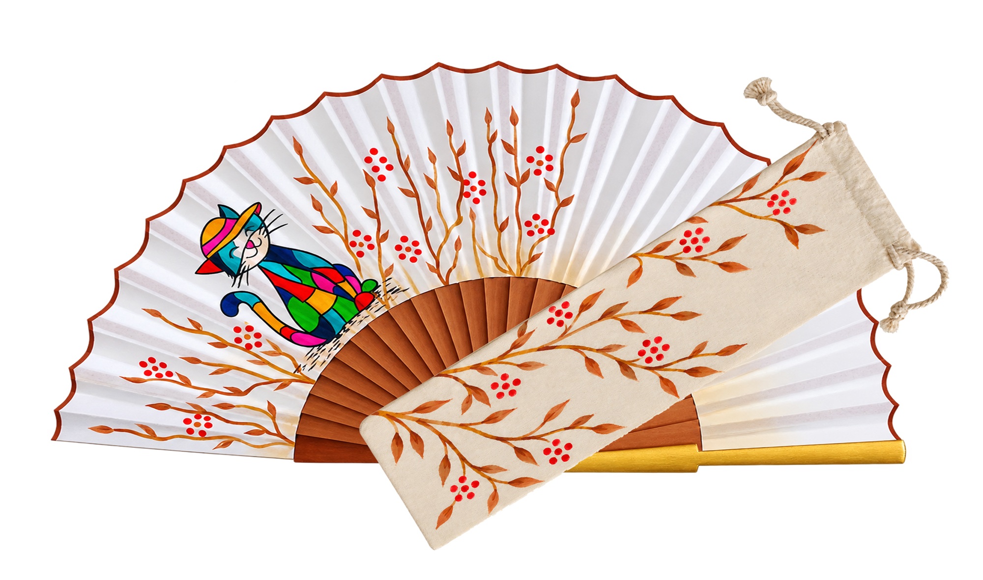 Éventail en satin peint à la main avec motif chouette.