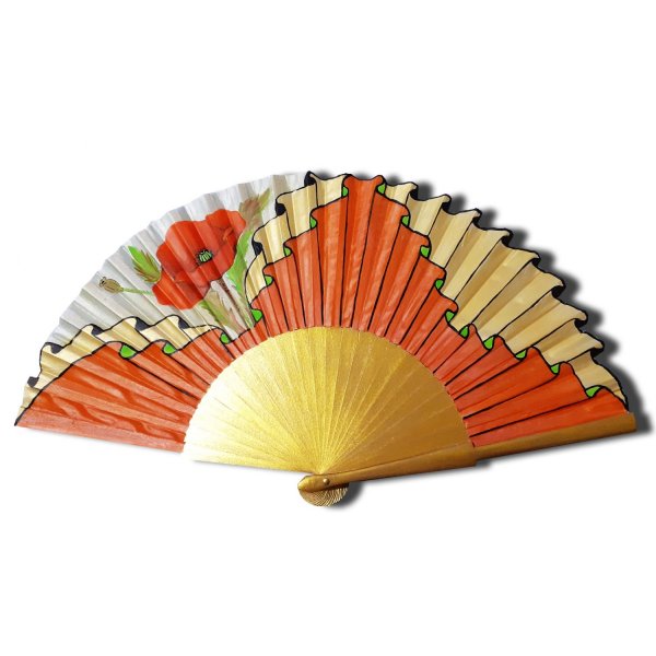  Eventail en soie dessin&eacute; et peint &agrave; la main et bois sycomore "coquelicot d&acute;or"