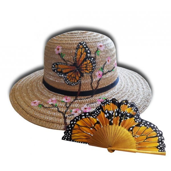 Joli chapeau ajouré peint à la main "Monarque du Mexique et cerisier japonais"