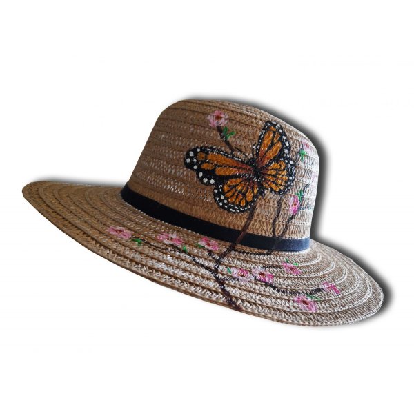 Joli chapeau ajouré peint à la main "Monarque du Mexique et cerisier japonais"