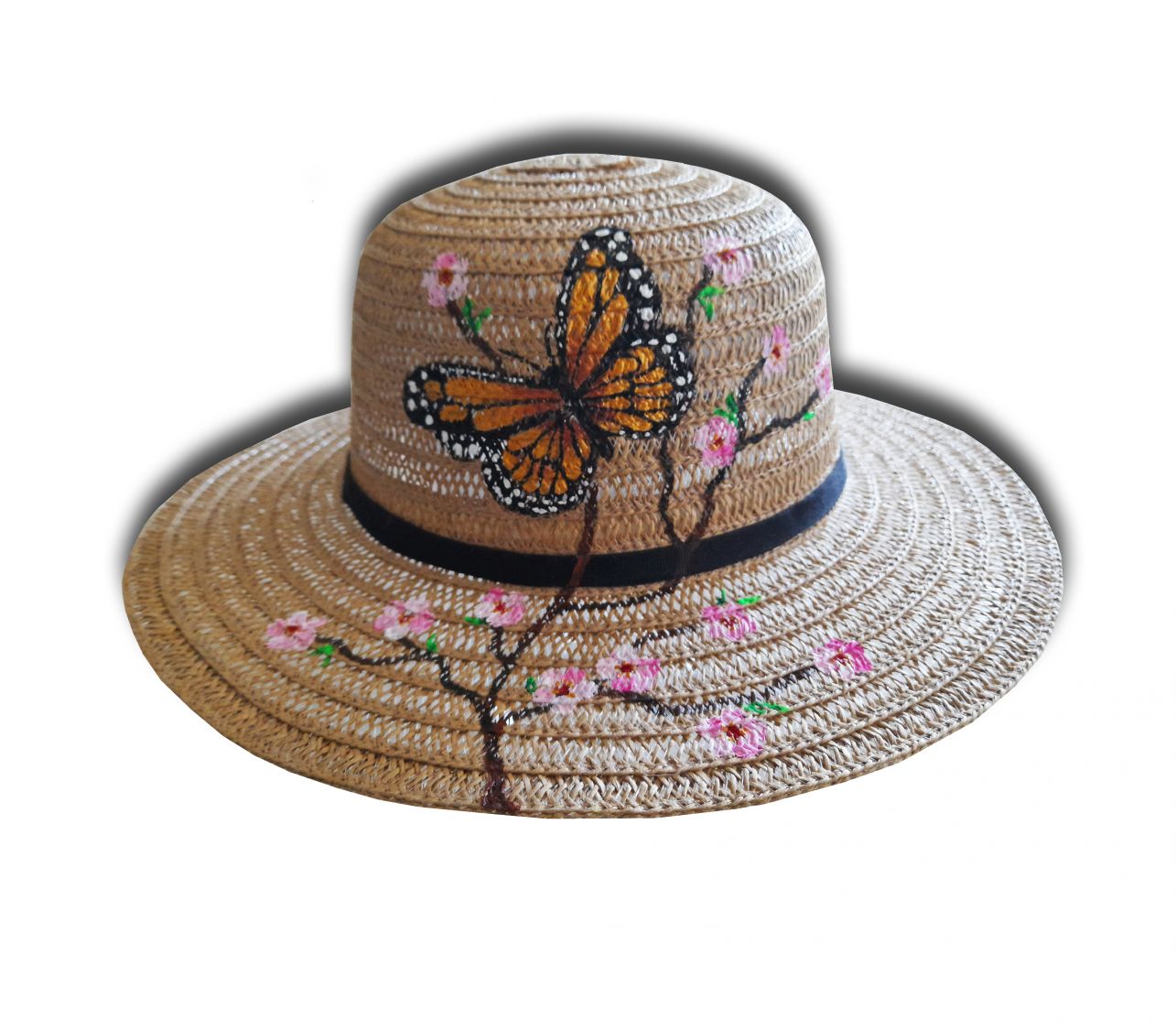 Joli chapeau ajouré peint à la main "Monarque du Mexique et cerisier japonais"