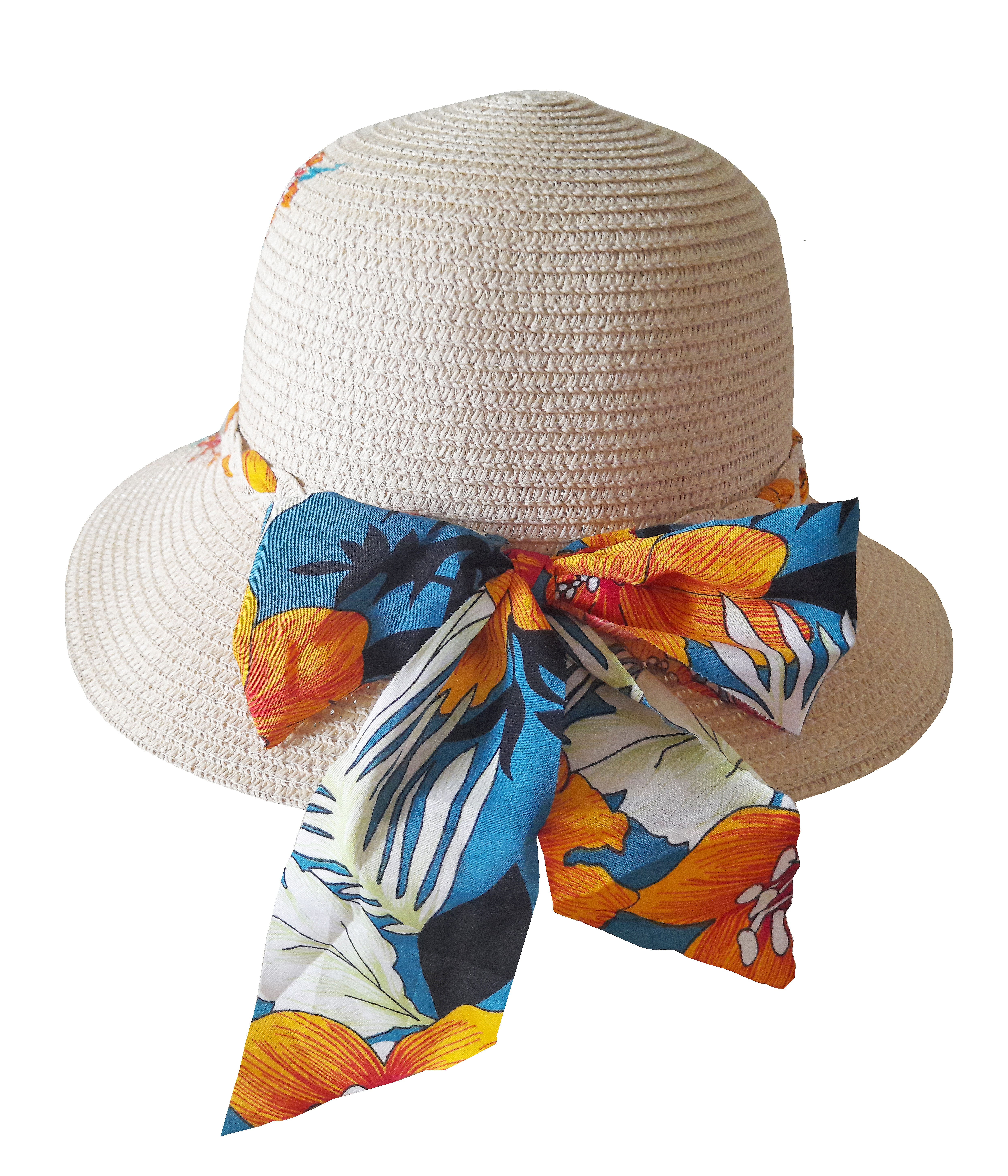 Chapeau de paille peint à la main avec fleurs tropicales.