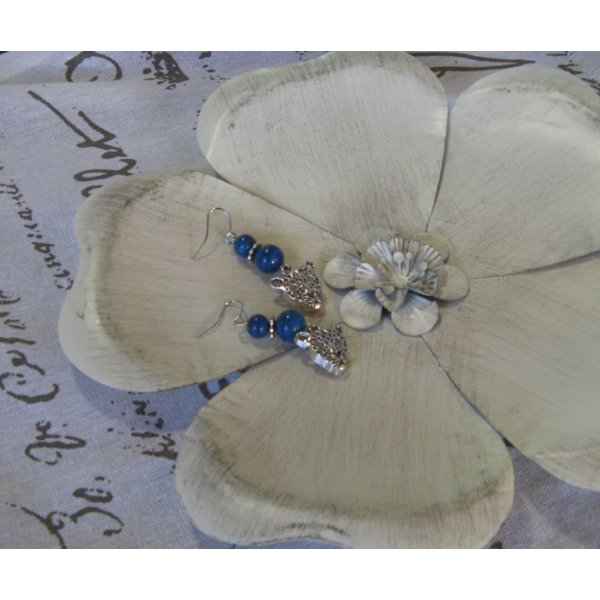 Boucles d'Oreille Tête de Panthère perles bleu, Création Unique