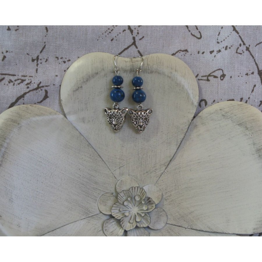 Boucles d'Oreille Tête de Panthère perles bleu, Création Unique