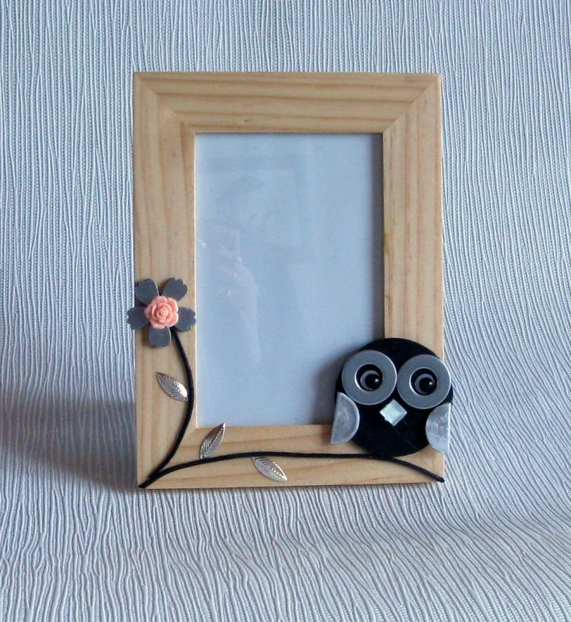 cadre photo bois naturel motif chouette ardoise pour photo 10/15 cm
