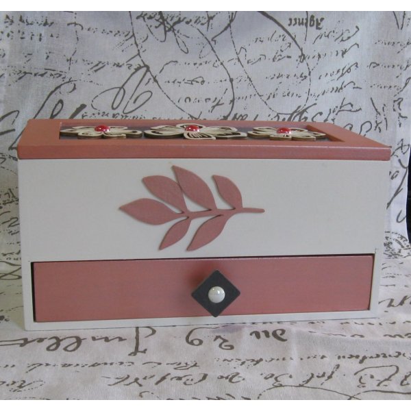 Grande Boite Rose et Balche en Bois et Ardoise Motifs Fleurs, Création Unique