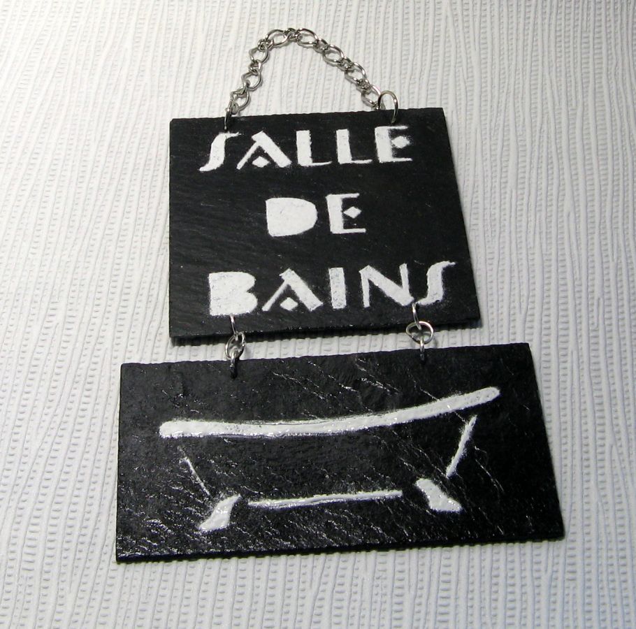Plaque de Porte Salle de Bain en Ardoise Emaillée Blanc, Création Originale