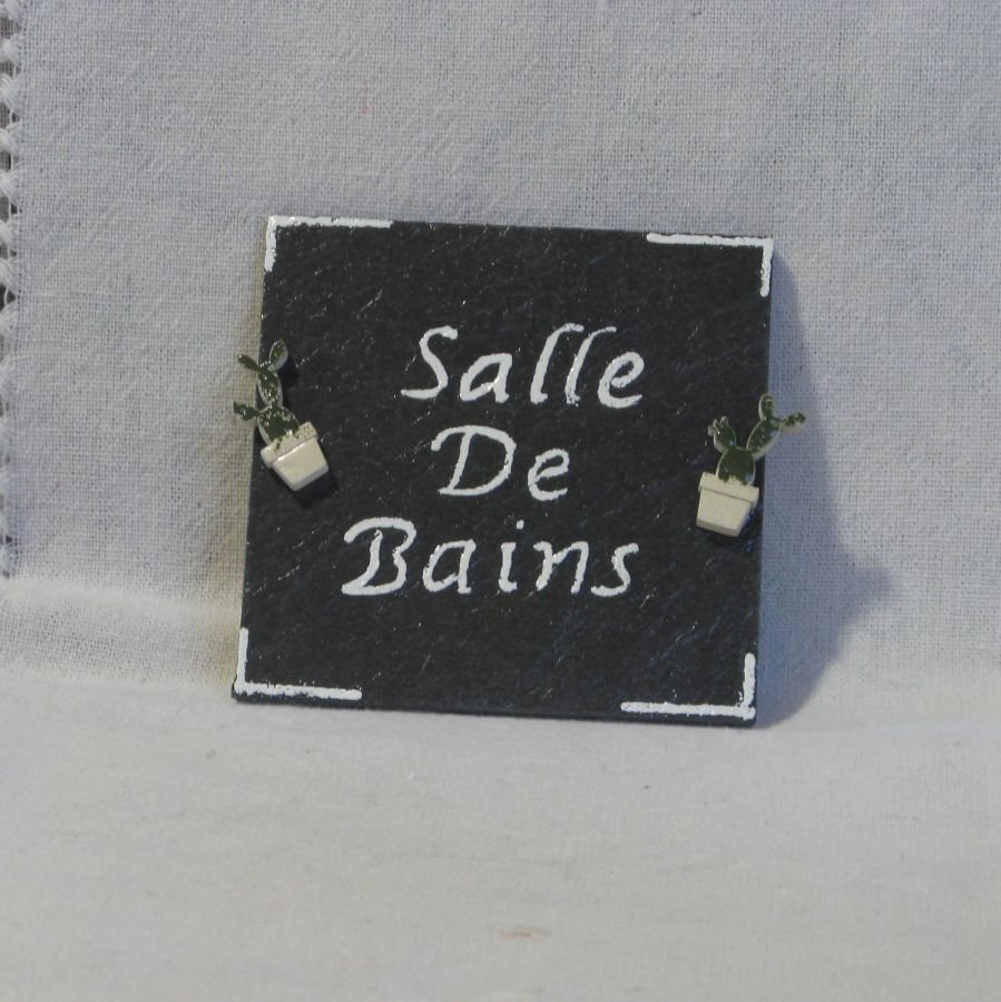 Plaque de Porte "Salle de Bains" en Ardoise Emaillée Motif Cactus 