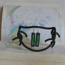 Longues Boucles d'Oreille en Ardoise Bleu et Vert, sur Pendant en Acier Inoxydable, Création Unique