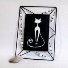 Tableau Chat Emaillé sur une Ardoise et Inséré dans Cadre de Métal Noir, Création Unique 