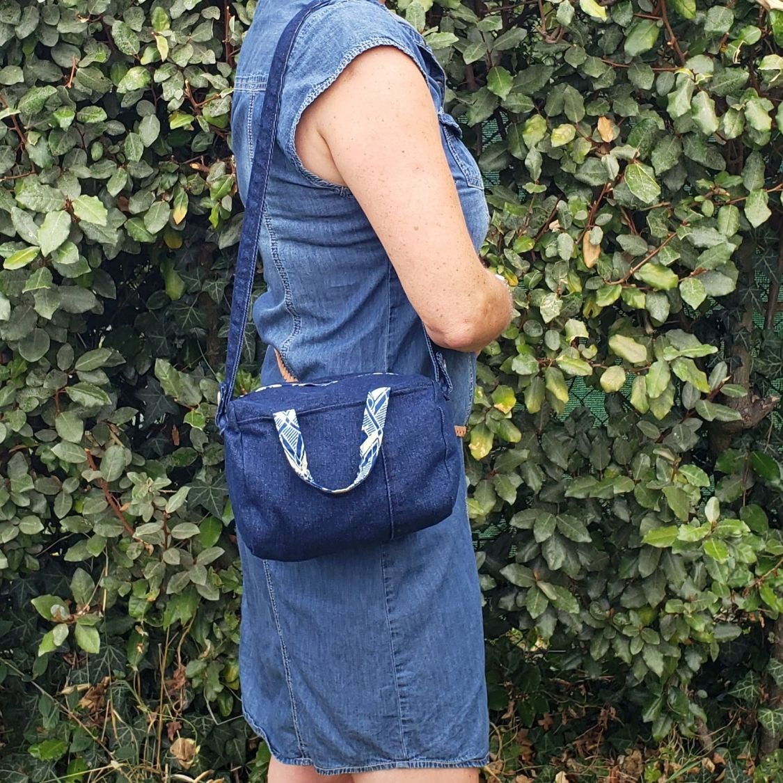 Mini sac à main en jean recyclé, doublé de tissu wax