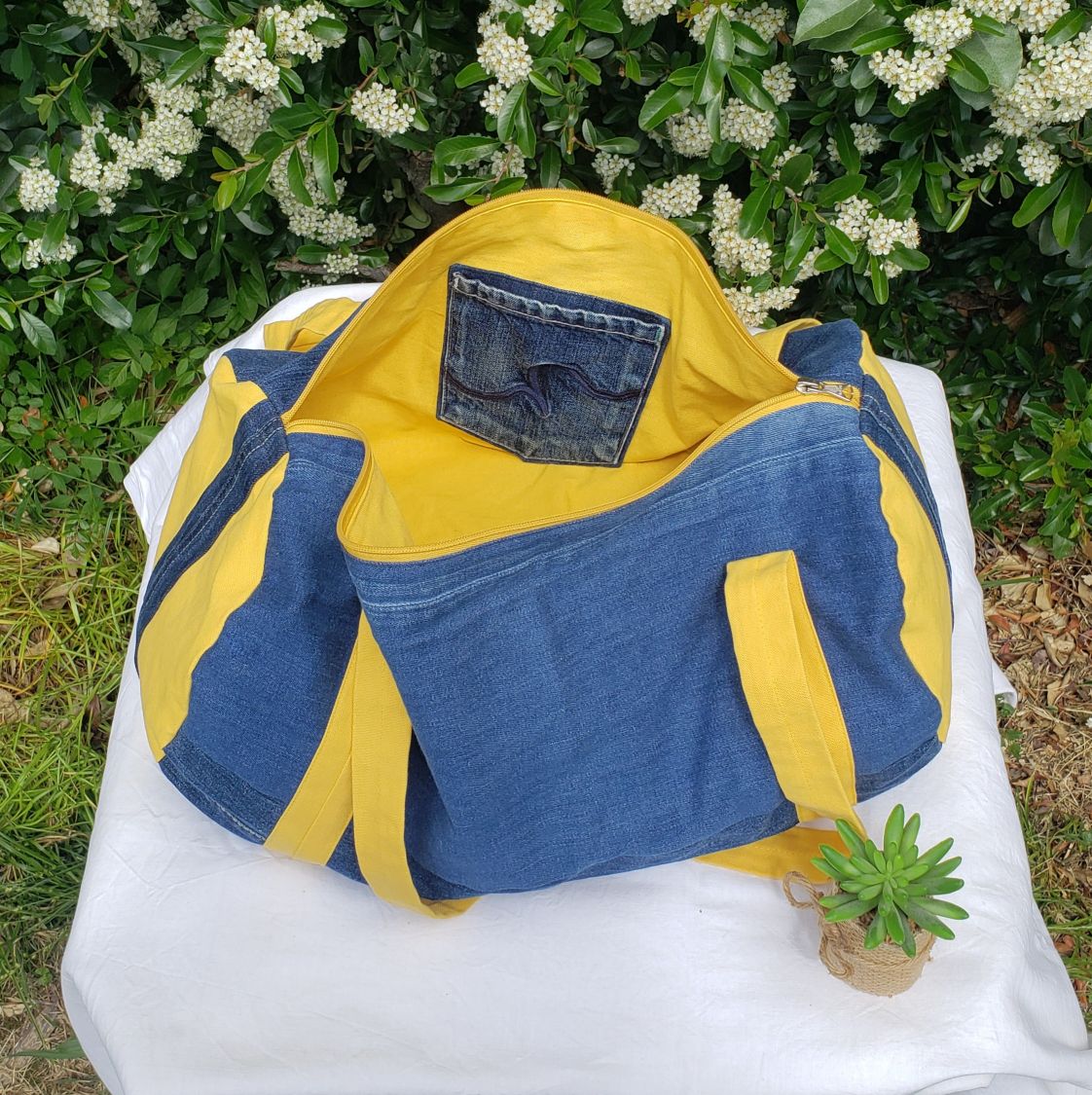 sac bowling en jean recyclé et toile épaisse de coton jaune
