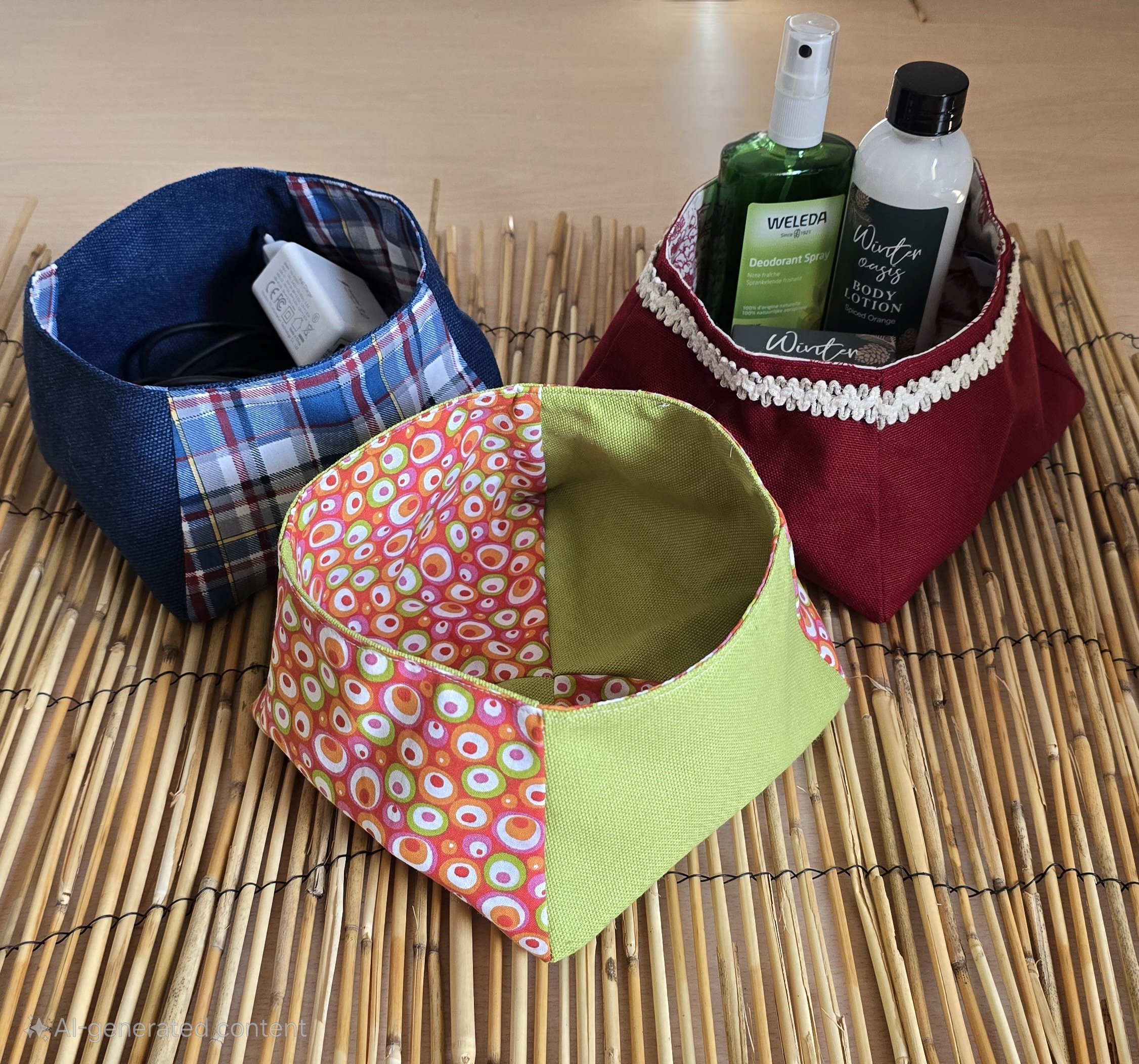 Vide poches en tissu coton &eacute;pais, doubl&eacute; de toile de jouy.