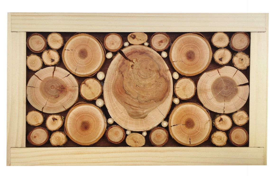 Dessous-de-plat en rondin de bois merisier / prunier, réversible en coupelle décor petite feuille grise