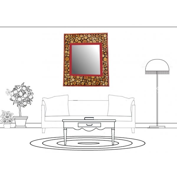 Grand miroir rectangulaire en rondin de bois couleur rouge acajou 47 x 56 cm