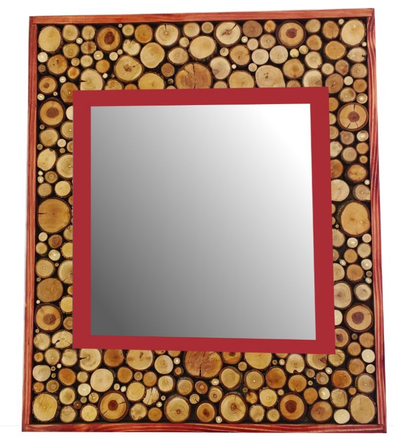 Grand miroir rectangulaire en rondin de bois couleur rouge acajou 47 x 56 cm