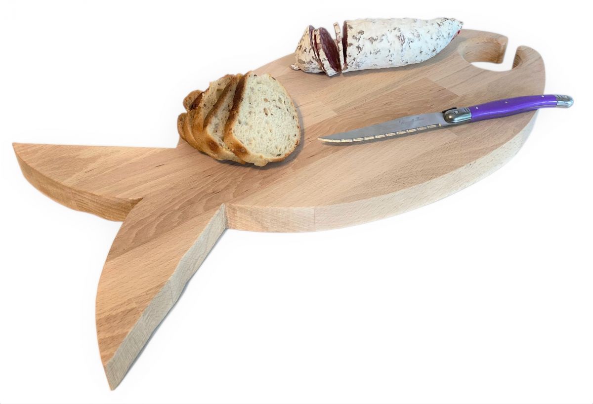 Planche à découper spécial apéro en bois de hêtre naturel FSC modèle poisson emplacement 1 verre 