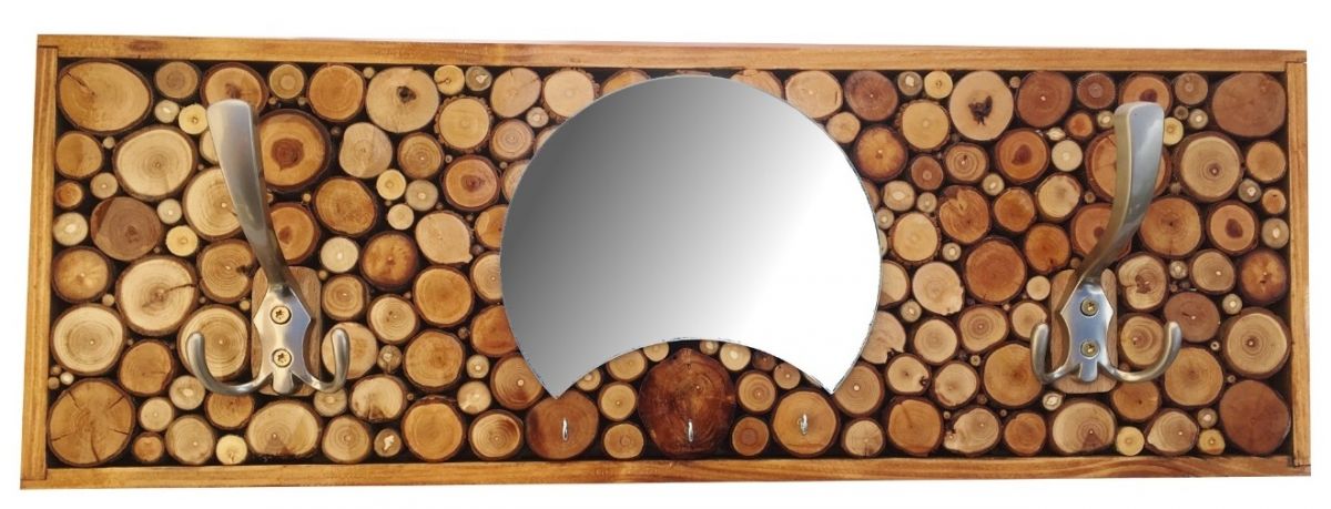 Porte-manteaux mural rectangulaire en rondin de bois Couleur châtaignier 2 patère triple et miroir demi lune. 60x20