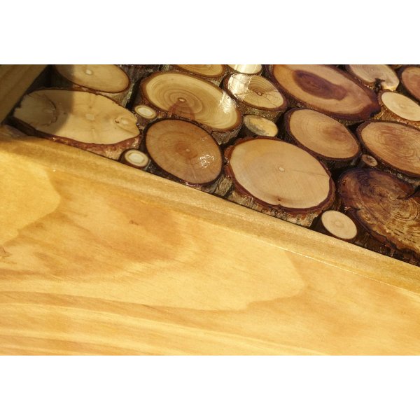 Porte-manteaux mural rectangulaire en rondin de bois couleur miel a 1 patère et porte clé 30x20 cm