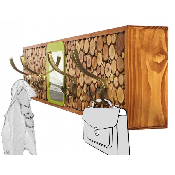 Grand Porte-manteaux mural rectangulaire en rondin de bois avec miroir
