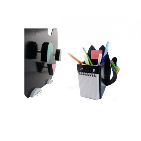 Set de rentrée scolaire en bois model : chat espiègle Pot a crayon et Porte manteau mural a 3 patères +  porte clé