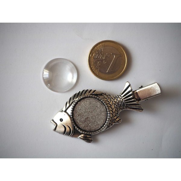 Barrette pince poisson, argent antique, cabochon 20mm  fourni