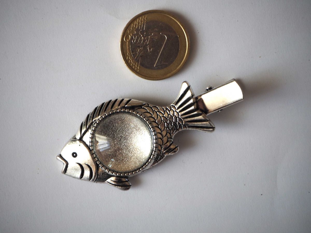 Barrette pince poisson, argent antique, cabochon 20mm  fourni
