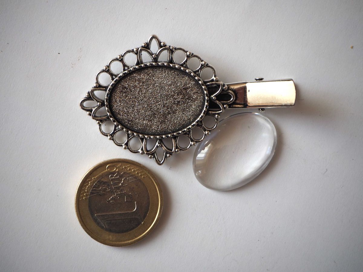 Barrette pince dentelle ovale, argent antique, cabochon 20mm  fourni