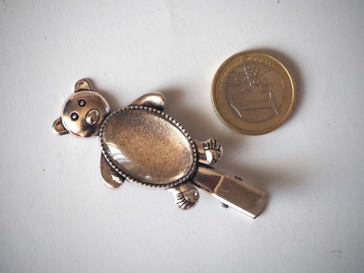 Barrette pince ours ovale, argent antique, cabochon 18x25mm  fourni