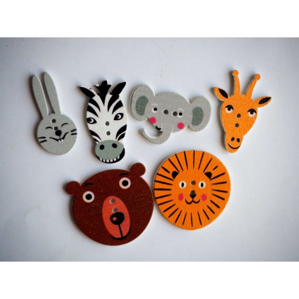 Lot 6 têtes d'animaux de 30 à 20mm , éléphant lion ours  lapin zébre girafe,customisation, couture