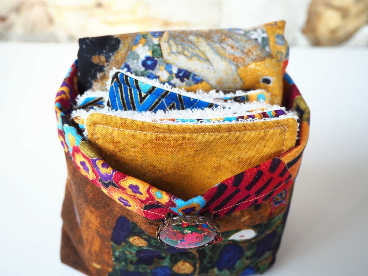 Panier tissu Klimt le Baiser 10 lingettes + 1 serviette lavables, tissu Kaufmann d'après Klimt: le baiser