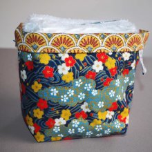 Pochon réversible et 7 lingettes démaquillantes lavables, coton, tissu japonais avec fleurs et doré