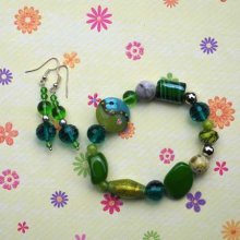 Bracelet+boucles d'oreilles ton vert: verre, pierre,  agate, cristal
