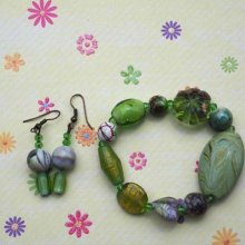 Bracelet+boucles d'oreilles ton vert: verre, pierre,  agate
