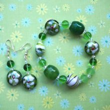 Bracelet+boucles d'oreilles ton vert: verre,  agate