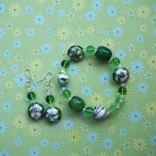 Bracelet+boucles d'oreilles ton vert: verre, pierre, nacre, agate