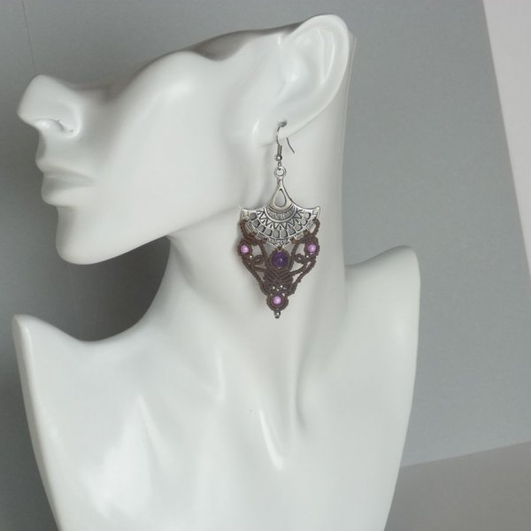 Boucles d'oreilles  kaki en micro-macram&eacute;