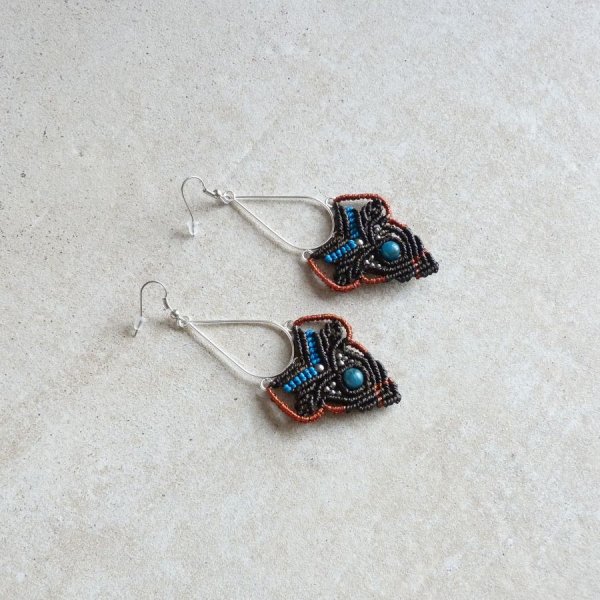 Boucles d'oreilles  en micro-macramé marron, bleu turquoise, cuivré