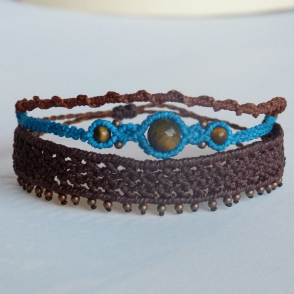 Bracelet multi-rangs 3 en 1 marron et bleu turquoise en micro-macram&eacute;