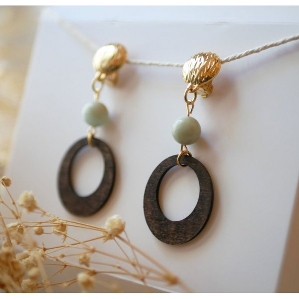 Boucles d'oreilles clip en bois noyer et pierres de gemme amazonite
