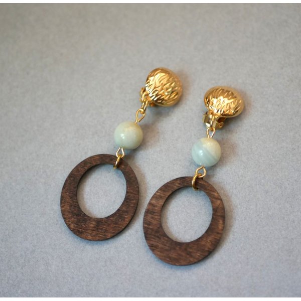 Boucles d'oreilles clip en bois noyer et pierres de gemme amazonite