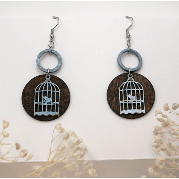Boucles d'oreilles graphiques en bois noyer pendentif Cage &agrave; oiseau