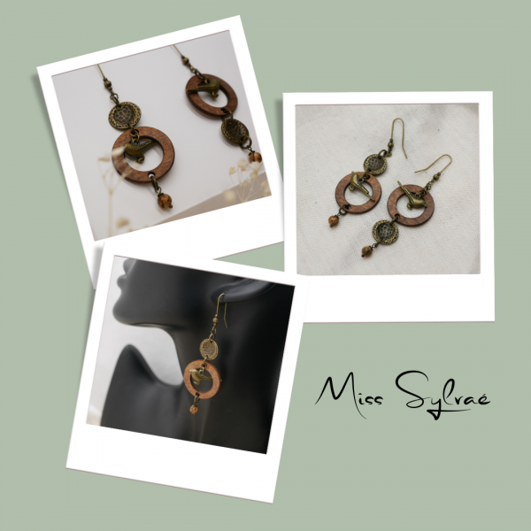 Boucles d'oreilles pendantes en bois aux oiseaux en laiton
